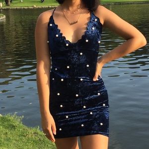 Navy Blue Velvet with Pearls Bodycon Dress